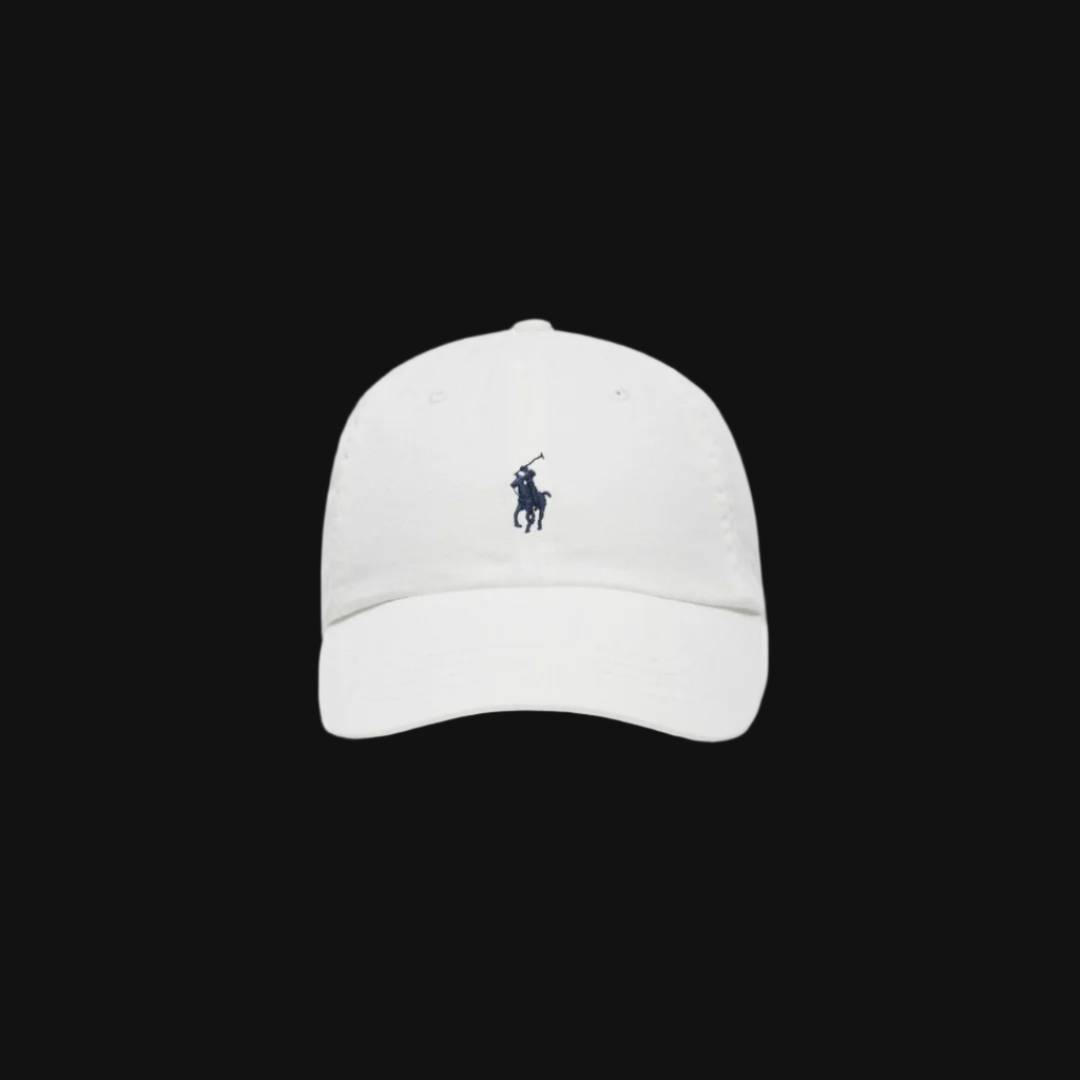 White cap with a small logo on a white background
