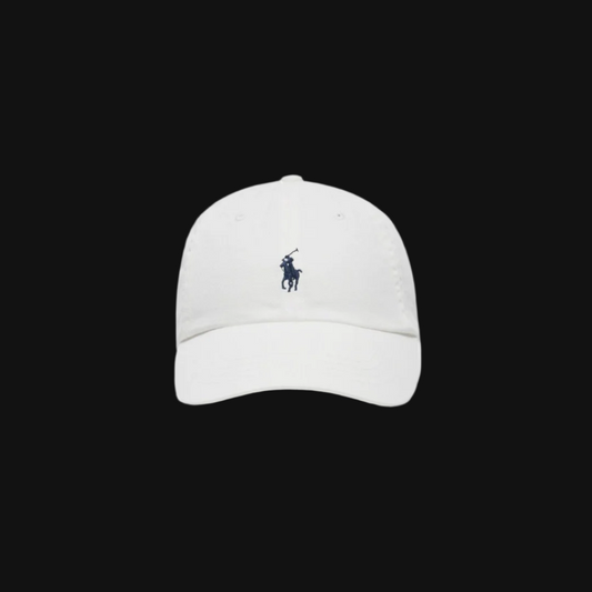 White cap with a small logo on a white background