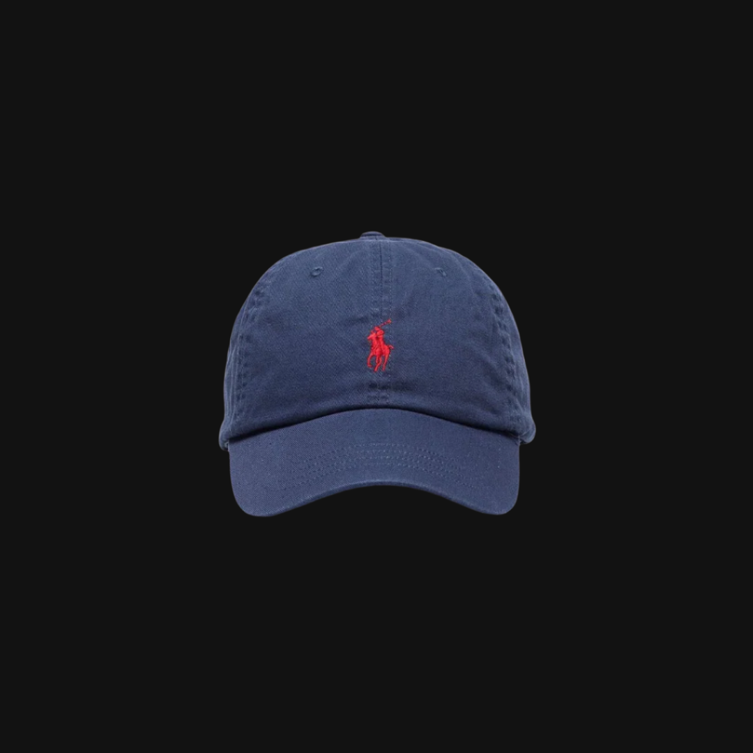 Navy blue cap with a red logo on a black background