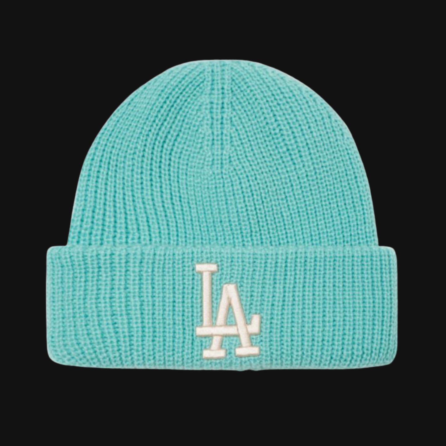 Teal beanie with LA logo on a black background