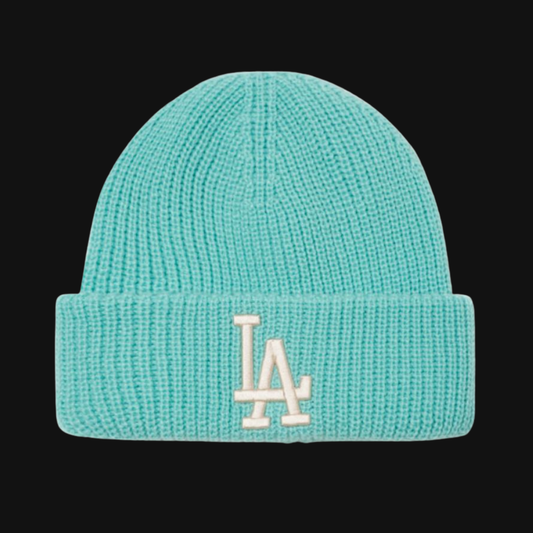 Teal beanie with LA logo on a black background