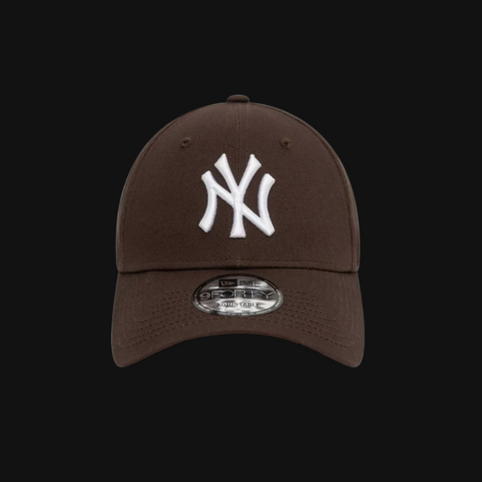 Brown baseball cap with white logo on a white background