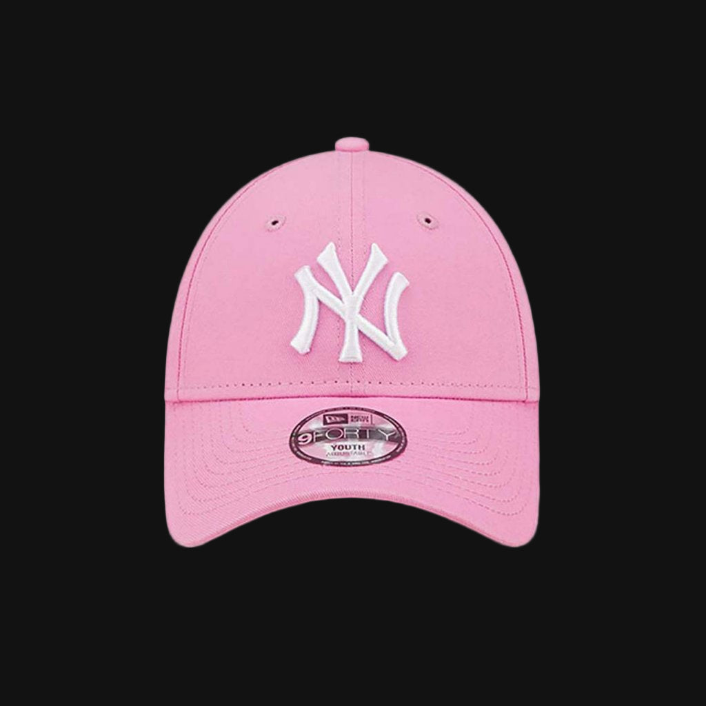 Pink baseball cap with white logo on a white background